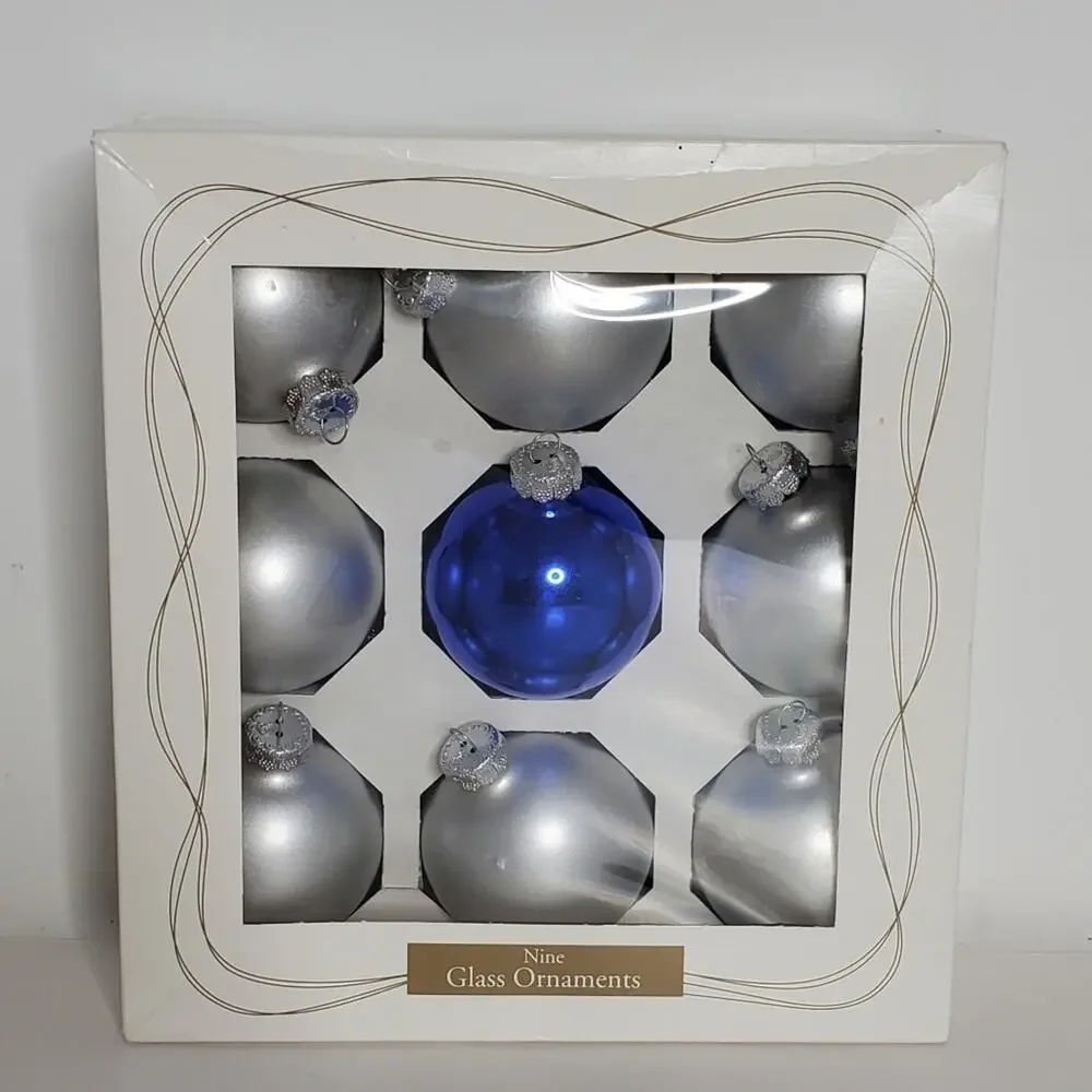 Target Large Silver + 1 blue glass christmas Ornament set of 9 in box